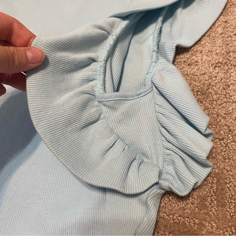 {Zara} Baby Blue Ribbed Sleeveless Crop Top | Ruffles ~ Size Small - Picture 8 of 16
